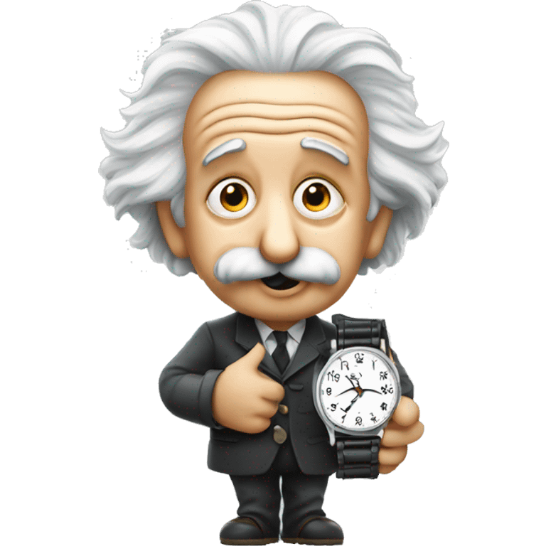 Albert Einstein holds a watch in his hands emoji