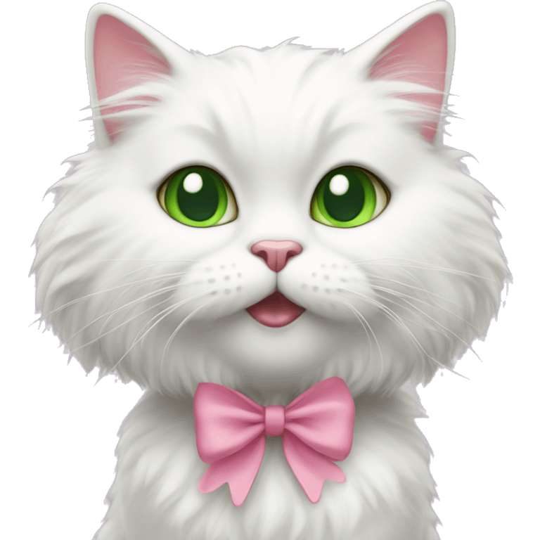 a white fluffy cat, with green eyes and a pink bow on its head, licks its paws emoji