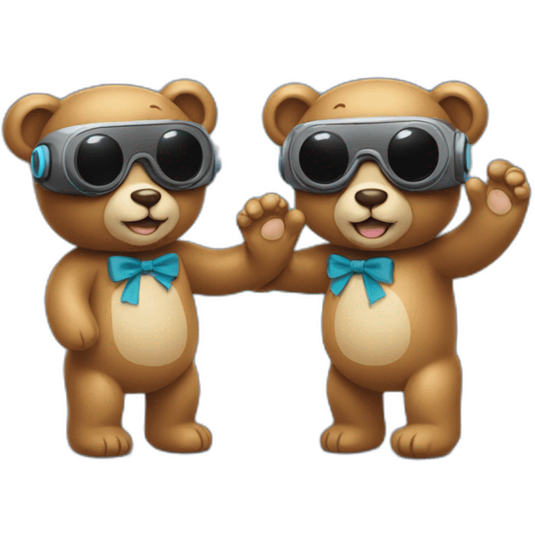 Two teddy bears holding hands while wearing VR goggles  emoji