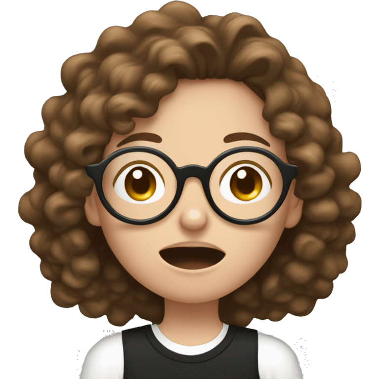 White girl with long brown curly hair and white circle glasses wearing a black shirt sneezing  emoji