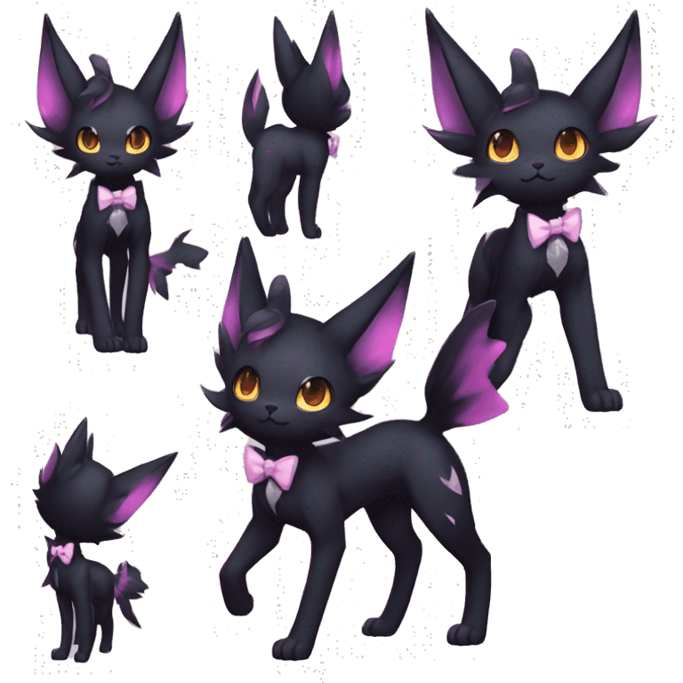 Shiny Dark Cool Edgy Black beautiful ethereal fantasy Kawaii Sona Umbreon-Noibat-Litten-Fakemon-cat-animal with edgy bat-ears bow tie black emo-mane vtuber model Full Body emoji