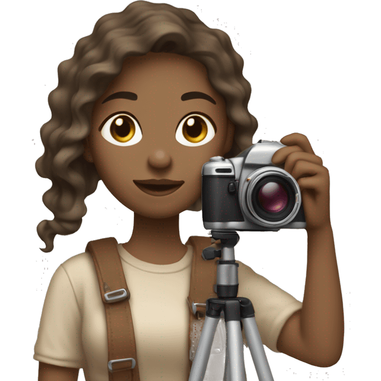 An aesthetic girl photographer holding a camera (in beige, neutral tones) light skin tone, mid hair length with brown waves  emoji