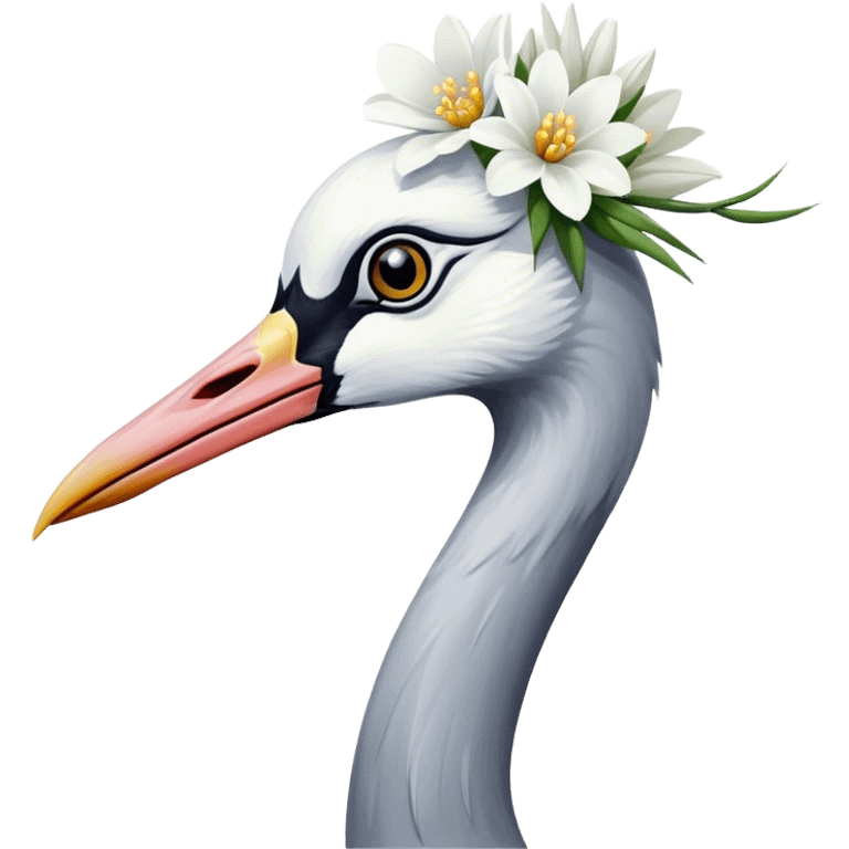 A beautiful crane with a white flower in its beak emoji