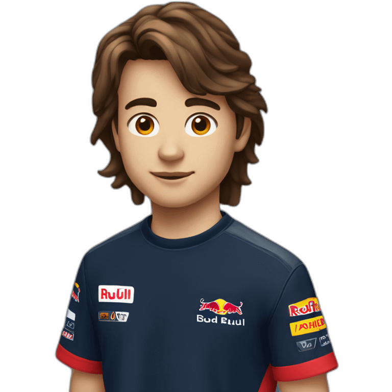 A 15 years old boy with long-brown hair and red bull  racing t-shirt emoji