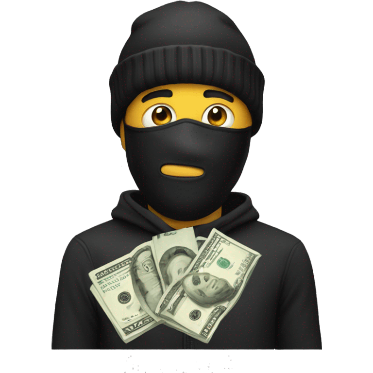 Man emoji with a black beanie a robber mask and a bag of money emoji