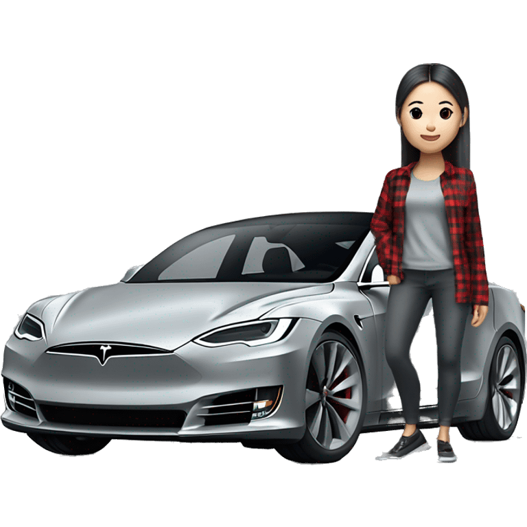 Tesla Model S plaid grey with chinese girl emoji