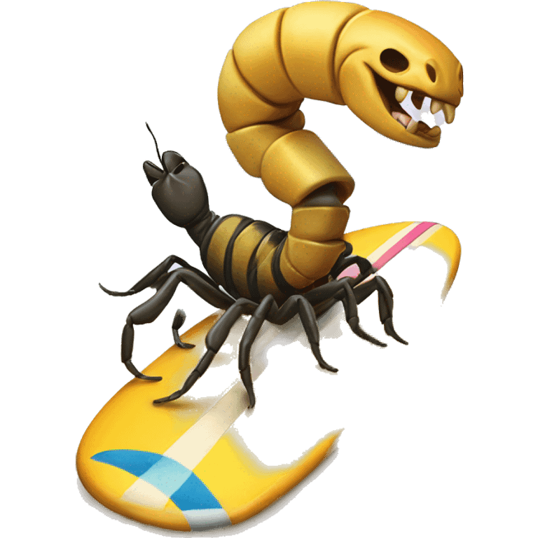 scorpion on a surf board, riding a wave, while eating a cheeseburger emoji