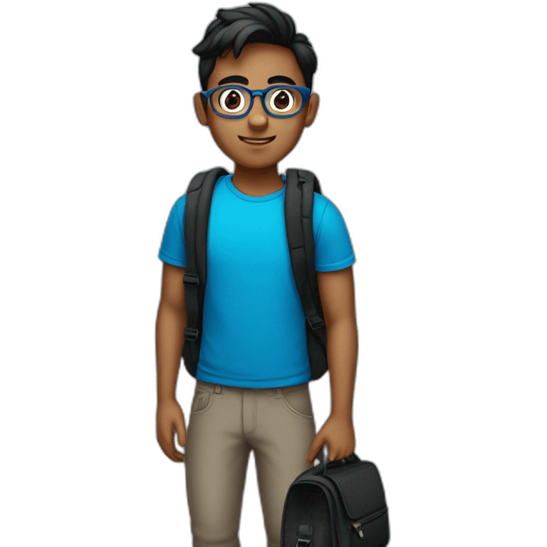 Indian boy in blue tshirt and black bag in specs emoji