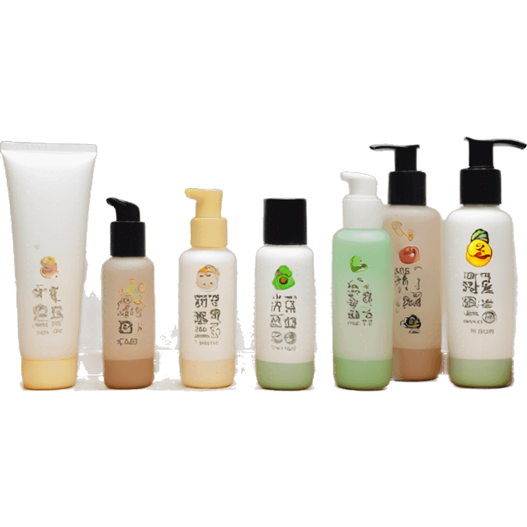 korean skincare bottles standing on wooden bathroom tray emoji