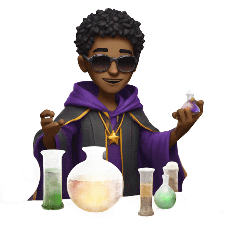 Young male wizard mixing potions and wearing sunglasses emoji