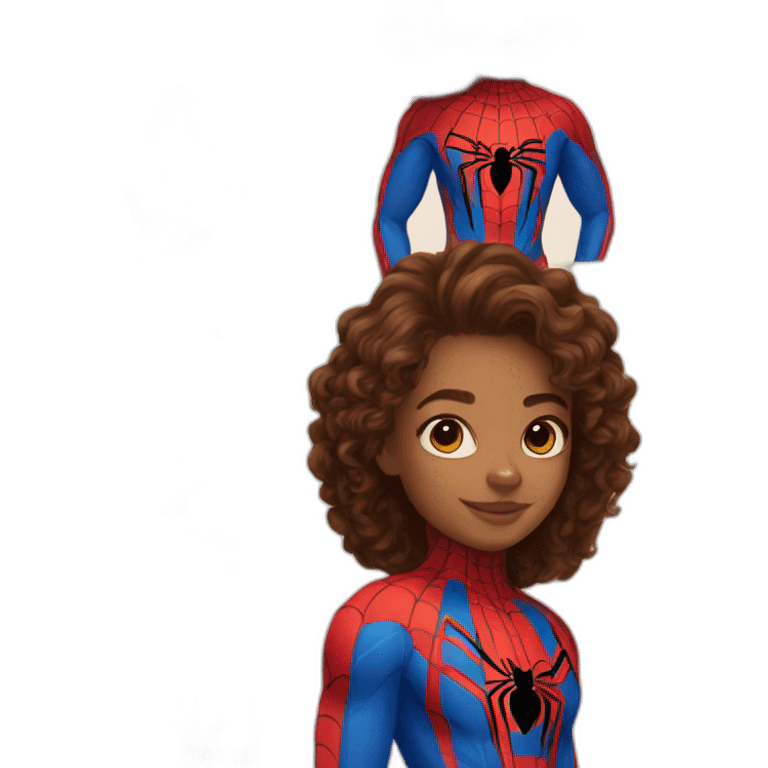 Girl with brown curly hair and spider-man suit emoji