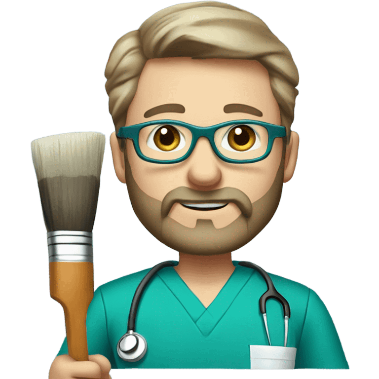 male dark blond with grey beard doctor with blue-green eyes and glasses in teal scrubs holding a paintbrush and a paint palette emoji