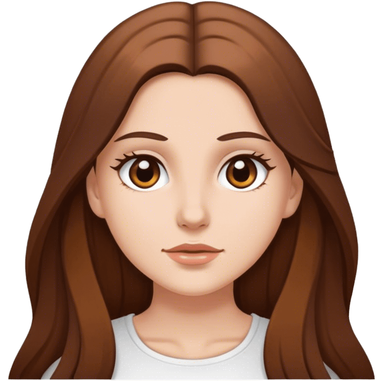 A white girl with long brown hair and brown eyes. She is iconic and is wearing a white top emoji