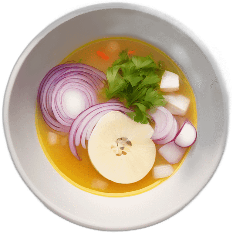 white bowl of hot soup with the following ingredients sliced red onions, albacore, coriander and yucca emoji