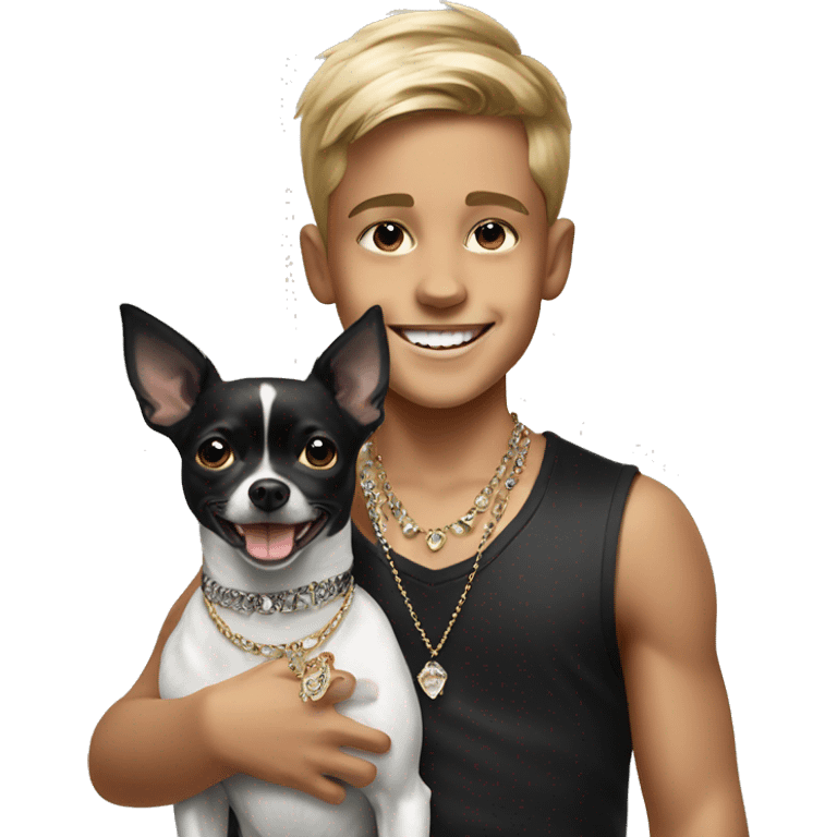 smiling boy with jewelry indoors and black & white chihuahua dog emoji