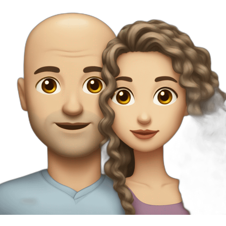 caucasian bald man with grey eyes and a caucasian woman with long curly dark hair and brown eyes kissing emoji