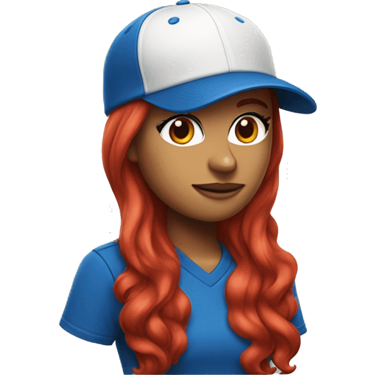 front facing standing up female coach with long red hair, wearing a white t-shirt and a simple baseball blue hat emoji