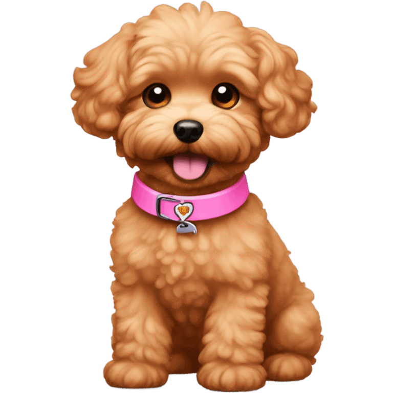 Red  maltipoo with the name maple on a pink collar happy looking emoji