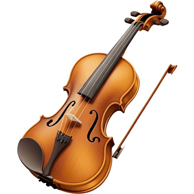 Create an elegant and detailed emoji representing a Stradivari violin. The design should showcase the finely crafted wooden body of the violin, with its smooth curves and rich, golden-brown wood finish. Highlight the intricate f-holes, fingerboard, and bridge. The bow should be placed next to the violin, with visible horsehair and a polished wooden stick. Use warm, deep wood tones for the body and subtle silver or gold accents for the fittings. Add a soft glow or light reflections to emphasize the exquisite craftsmanship and timeless beauty of the instrument. The background should be transparent. emoji