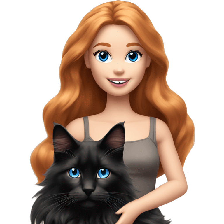 Barbie girl with long ginger hair and blue eyes Holds in her arms Black Maine coon emoji