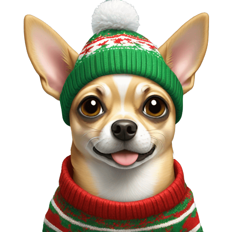 chihuahua with a christmas sweater and beanie emoji