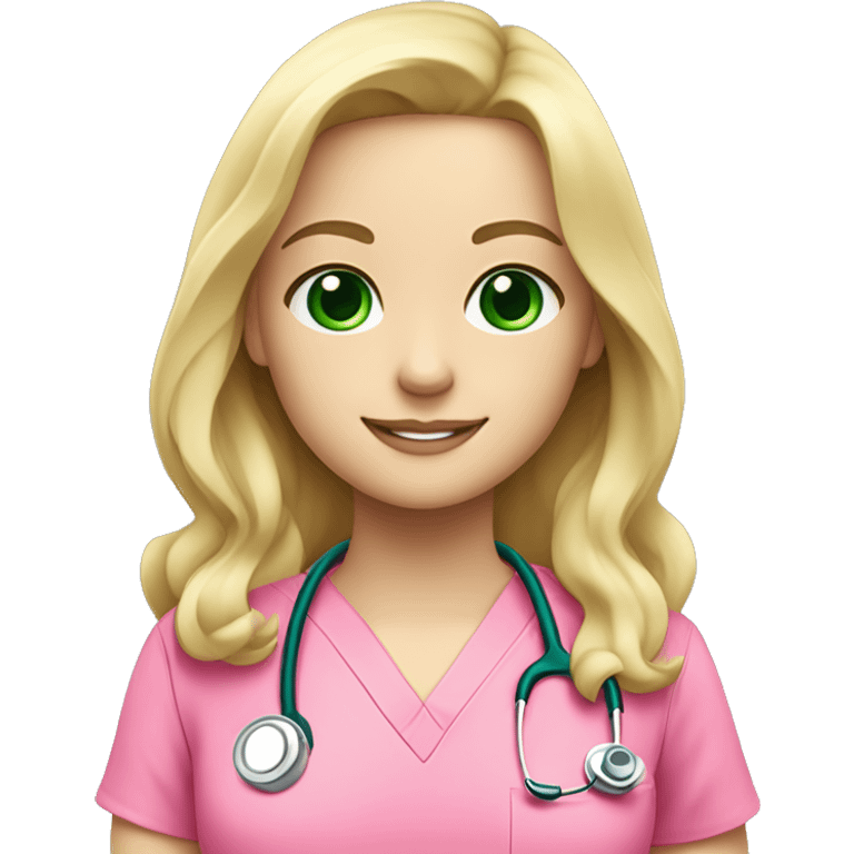 pale blonde girl with long wavy hair and green eyes wearing pink scrubs and stethoscope  emoji