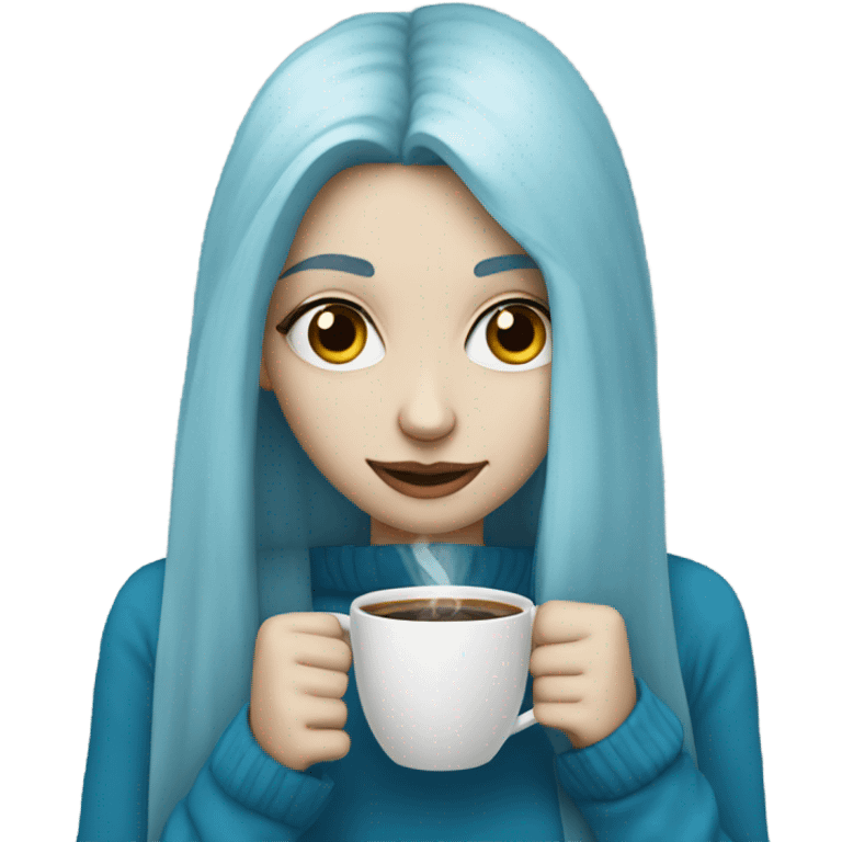 white skin girl with blue long hair drinking coffee emoji