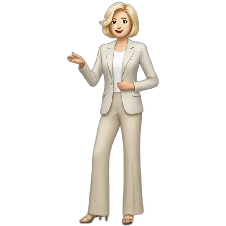 Full height Actively gesturing with hands pale skin woman with ash blonde Straightened bob Hair, White Spacious classical jacket, beige palazzo Arrow pants and gray blouse emoji