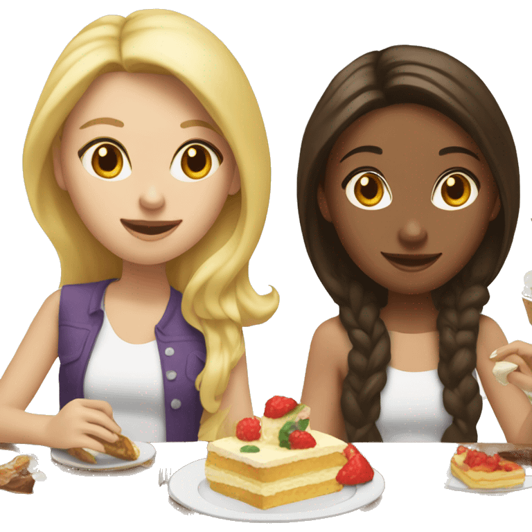 Blonde and brunette, white girls eating brunch. The brunette has a birthday party hat on  emoji