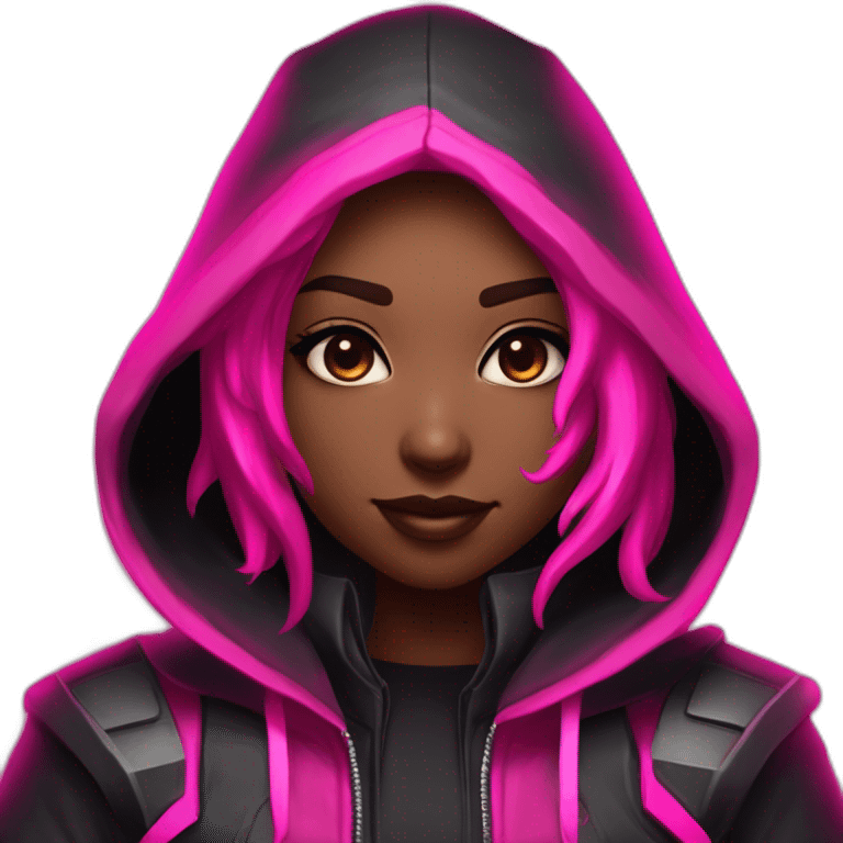 Girl white developer behind his laptop with this style : Riot Games Valorant black pink glowing bright pink sparks character pink black hooded assassin themed character emoji