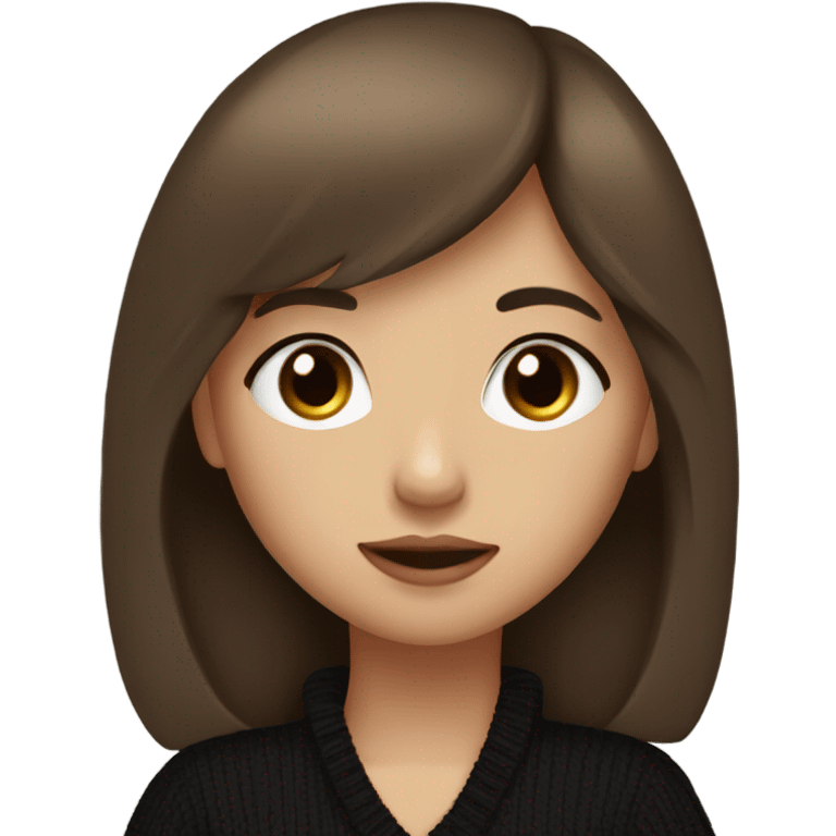 A girl with brown eyes, full lips, long brown hair with bangs, wearing a black sweater emoji