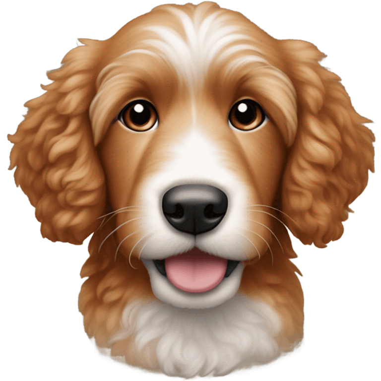 Red goldenoodle puppy with white tuft at tip of nose and white spot on top of head emoji