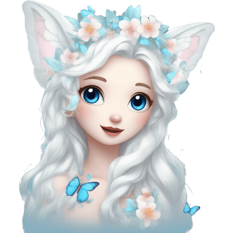 Cute gorgeous ethereal white fantasy animal with blue eyes sona with flowers and butterflies emoji