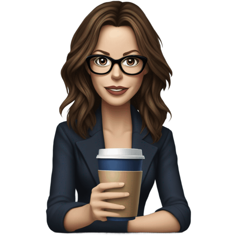 Hyper Realistic Kate Beckinsale dark blue eyes wearing glasses drinking coffee at a laptop  emoji