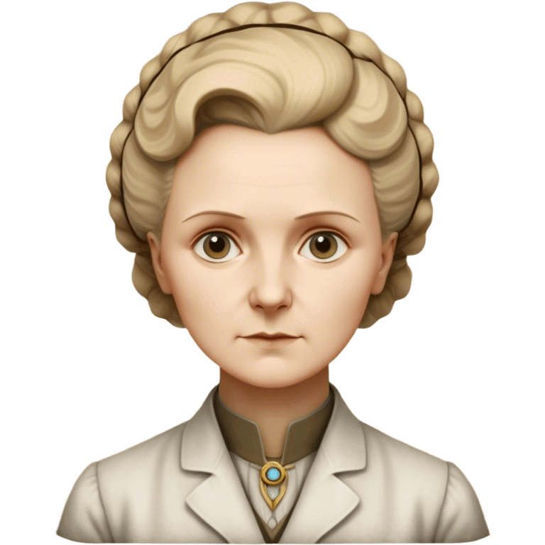 Cinematic Realistic Marie Curie Portrait Emoji, depicted as a pioneering scientist with a determined gaze in period attire, rendered with detailed textures and soft intellectual lighting that captures her groundbreaking legacy. emoji