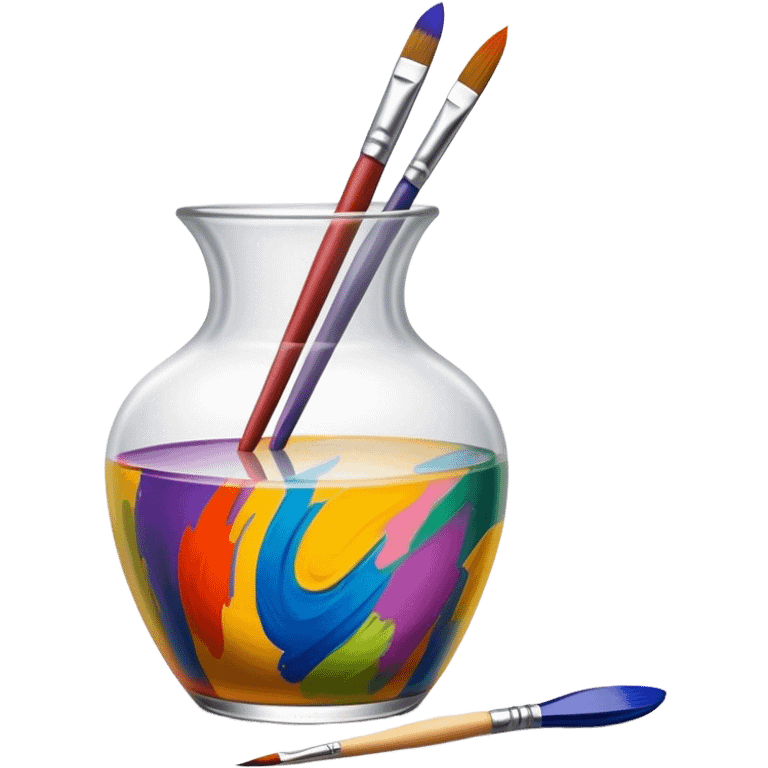 Glass painting icon, colorful brushstrokes on a glass vase, intricate painted patterns on the surface, visible fine paintbrush and palette beside it, no liquid inside the vase, minimalistic style, clean lines, transparent background. emoji