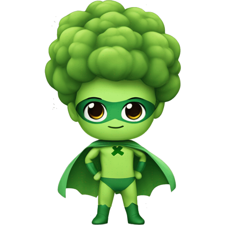 kawaii cute mini superhero with green clothes and a broccolis as hair,  full body saying hello emoji