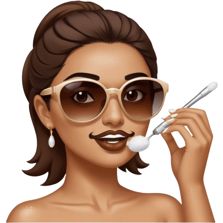 White woman with brown hair posing as salt bae with sunglasses. She is sprinkling salt on top of some makeup emoji