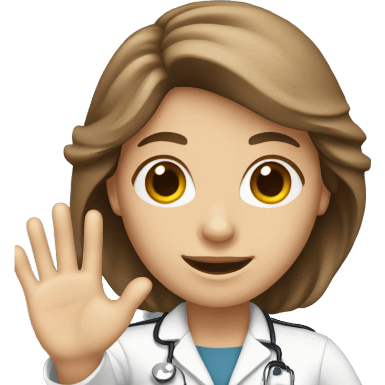 white Woman with brown hair doctor smiling and waving her hand emoji