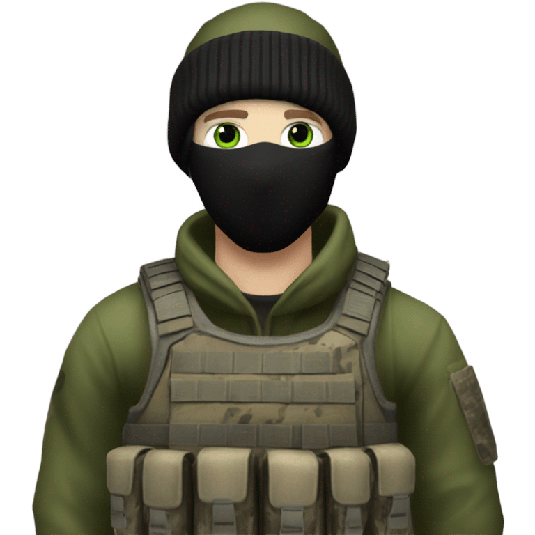 white male, pale skin, call of duty black mask, green camo tactical gear, combat boots, black beanie, hazel eyes emoji