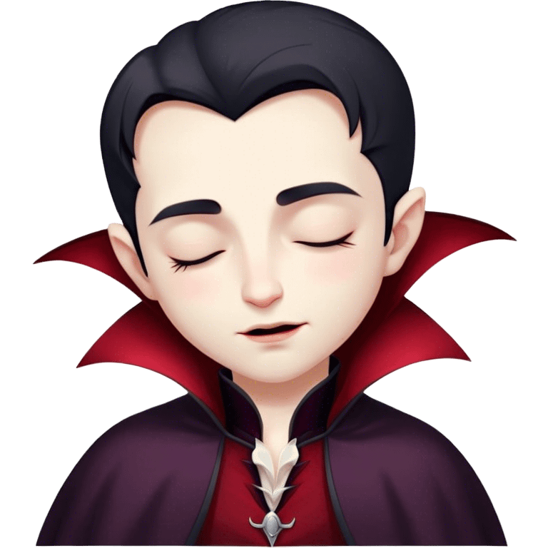 Meme-Worthy Cute Sleeping Vampire Portrait Emoji, with a refined, small, pale face softened by closed, serene eyes and a slight, peaceful smile, adorned in miniature elegant dark attire with a hint of fading crimson, simplified yet irresistibly adorable, highly detailed with a soft ethereal outline that captures the drowsy charm of a vampire in quiet nighttime slumber! emoji