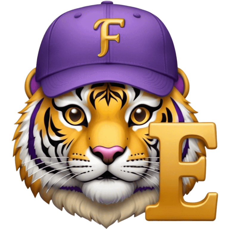 Purple and gold tiger with baseball hat on with letter F  emoji