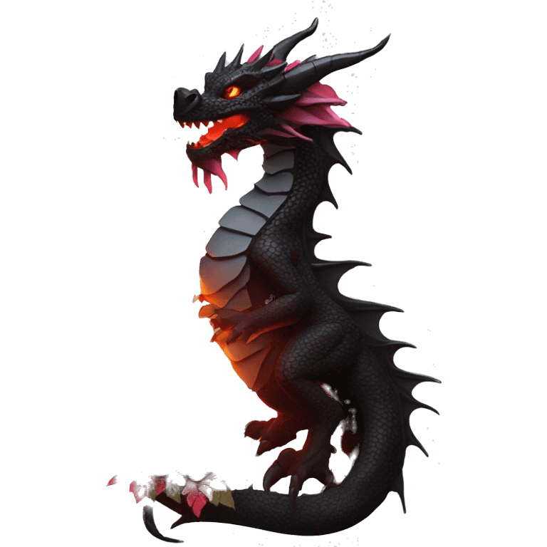 Black dragon breathing red flames, covered in thorned roses, surrounded by lanterns candles and fairy lights emoji