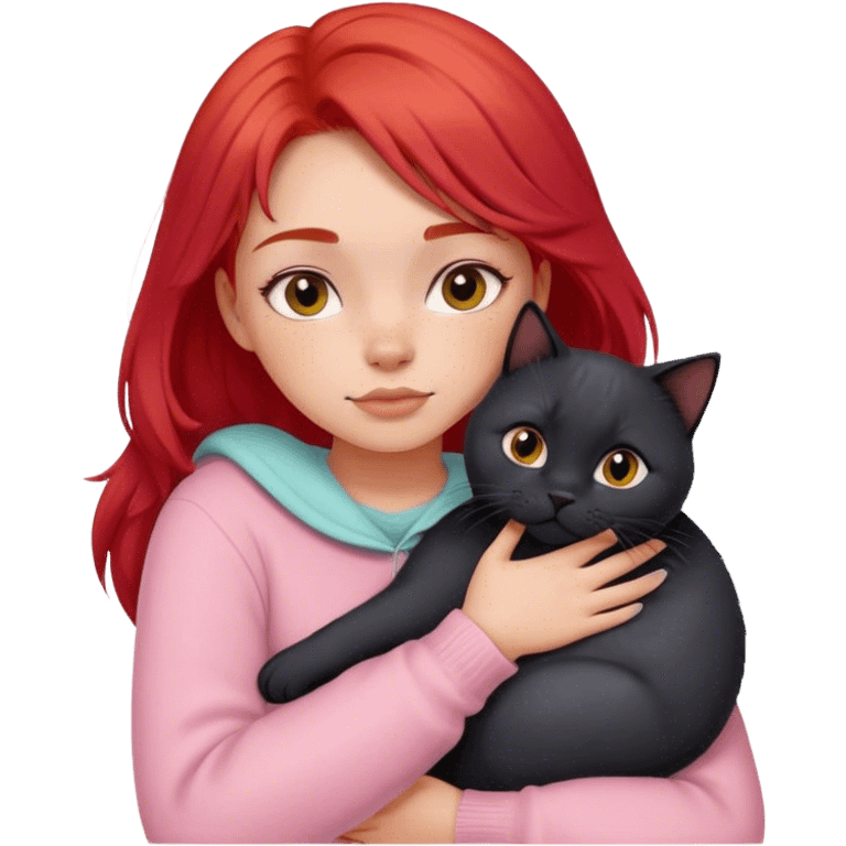 
a girl with red hair in pastel clothes hugs a black British cat emoji