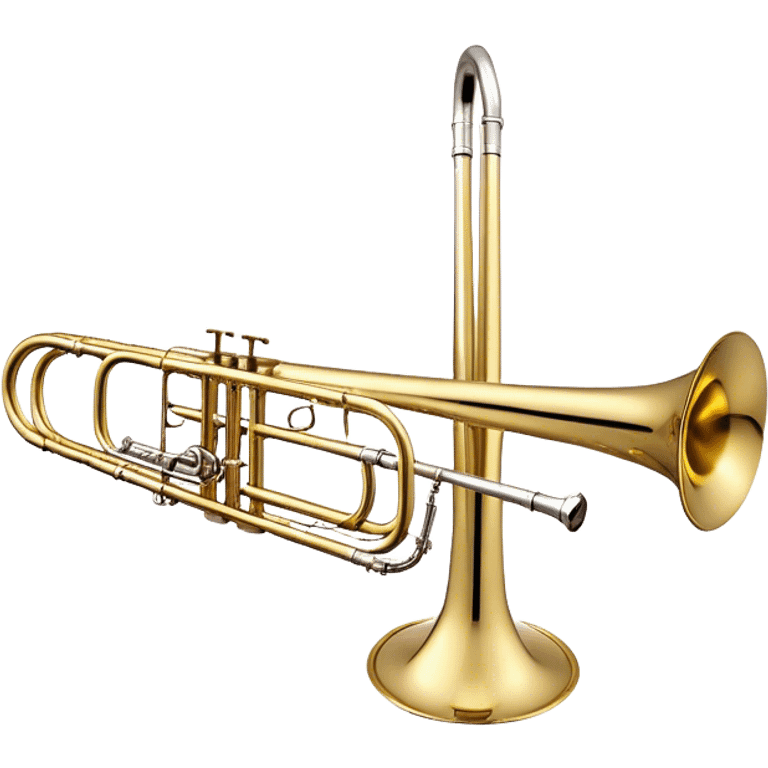 Create a sleek and professional emoji representing the Brahner TB-420 Bb/F tenor trombone. The design should feature the smooth, shiny brass body of the trombone with its distinct curved tubing and large bell. Highlight the tuning slide and the mouthpiece at the top of the instrument. The brass finish should be polished and reflective, with silver accents on the mouthpiece and tuning slide. Add subtle musical notes or soundwaves floating around the trombone to evoke its bold, brassy sound. Use golden and brass tones for the trombone with light reflections to emphasize its high-quality craftsmanship. The background should be transparent. emoji