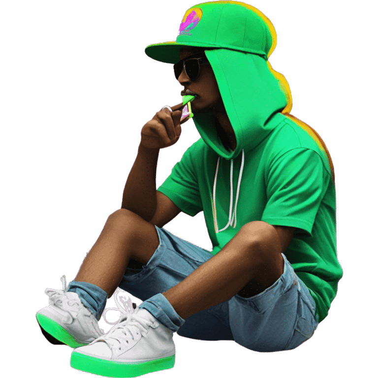 Hemp leaves Multicoloured neon person smoking wearing hoodie dancing hip hop bucket hat tropical Skater fashion aesthetic baggy clothes graphic t shirt 420 emoji