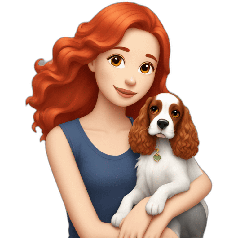 girl in long red hair sits with tricolor cocker spaniel emoji