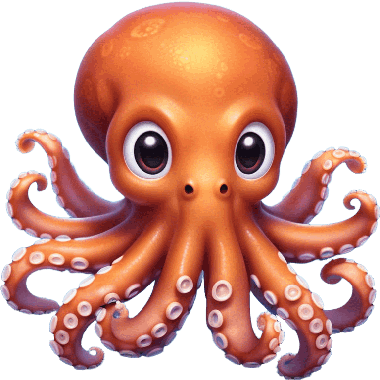 Cinematic Cute Octopus Portrait Emoji, Head tilted playfully and inquisitively, featuring a charming, rounded body with soft, shimmering skin and eight expressive, gently curling arms with playful suckers, with round, sparkling eyes full of wonder, Simplified yet irresistibly adorable features, highly detailed, glowing with a warm, inviting underwater glow, high shine, affectionate and lively, stylized with a touch of whimsical marine charm, soft glowing outline, capturing the essence of a mischievous yet loving octopus that seems as if it could float out of the screen into your arms! emoji