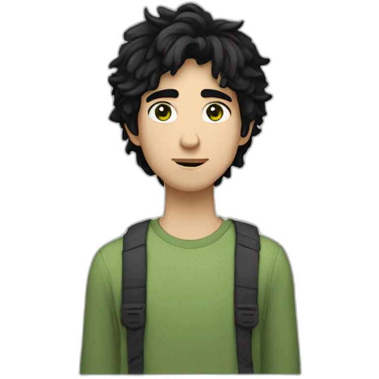 A 24 year old white male with jet black hair that is short and shaggy, light greenish eyes, square face with a mildly feminine vibe emoji