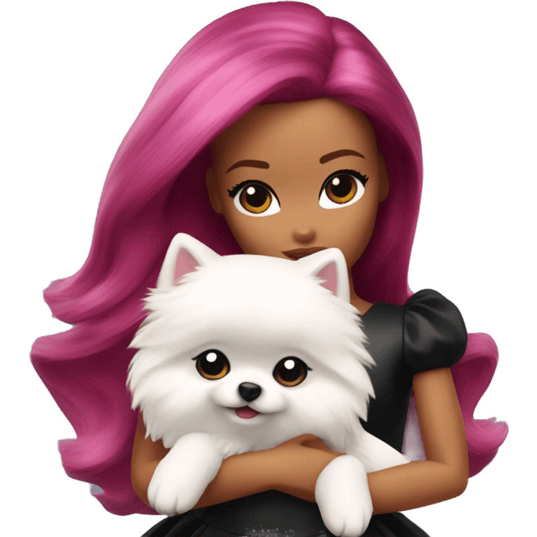 Barbie with burgundy color hair hugging white small Pomeranian with black ears close up emoji